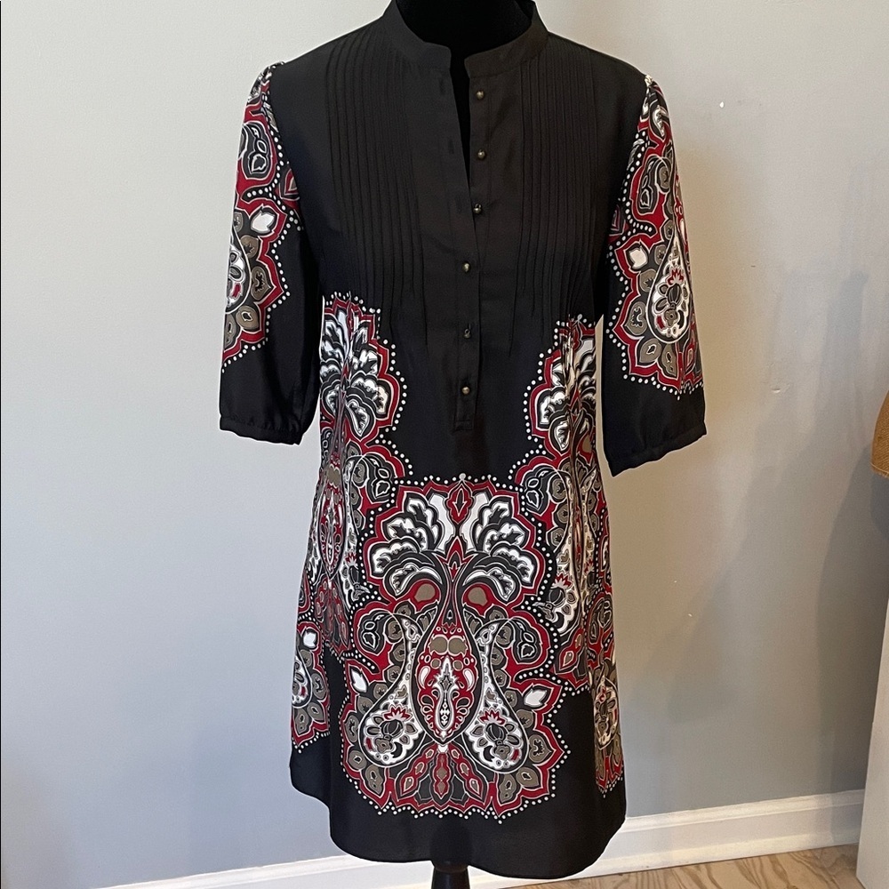 Black Tunic Dress with Red and White Paisley Print